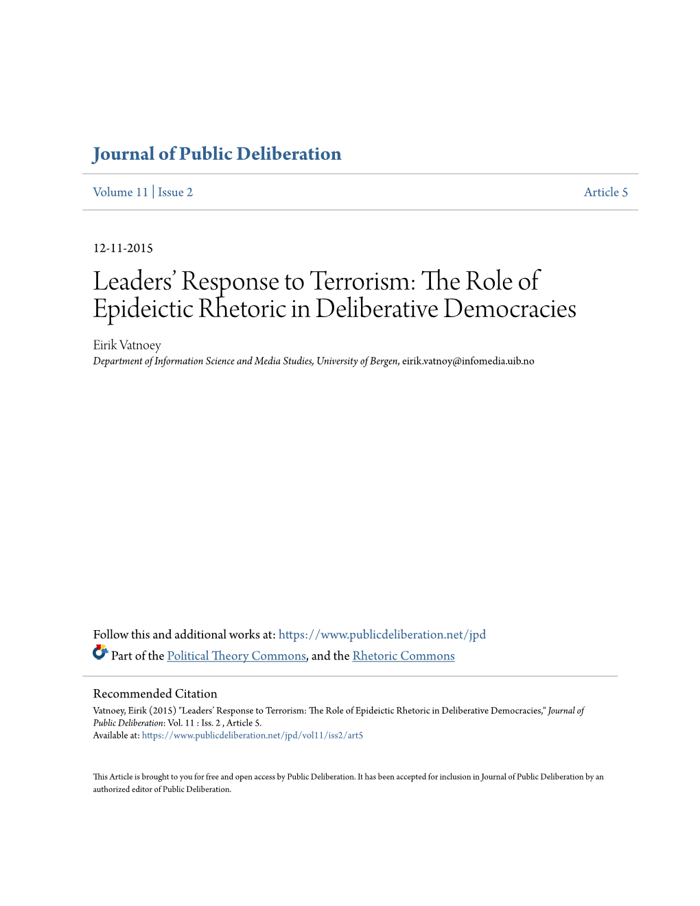 Leaders' Response to Terrorism: the Role of Epideictic Rhetoric In