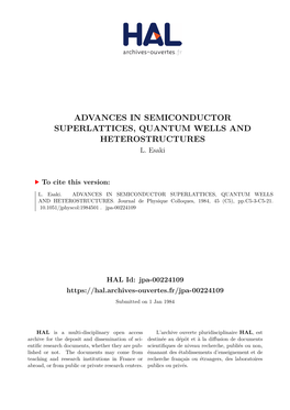 Advances in Semiconductor Superlattices, Quantum Wells and Heterostructures L