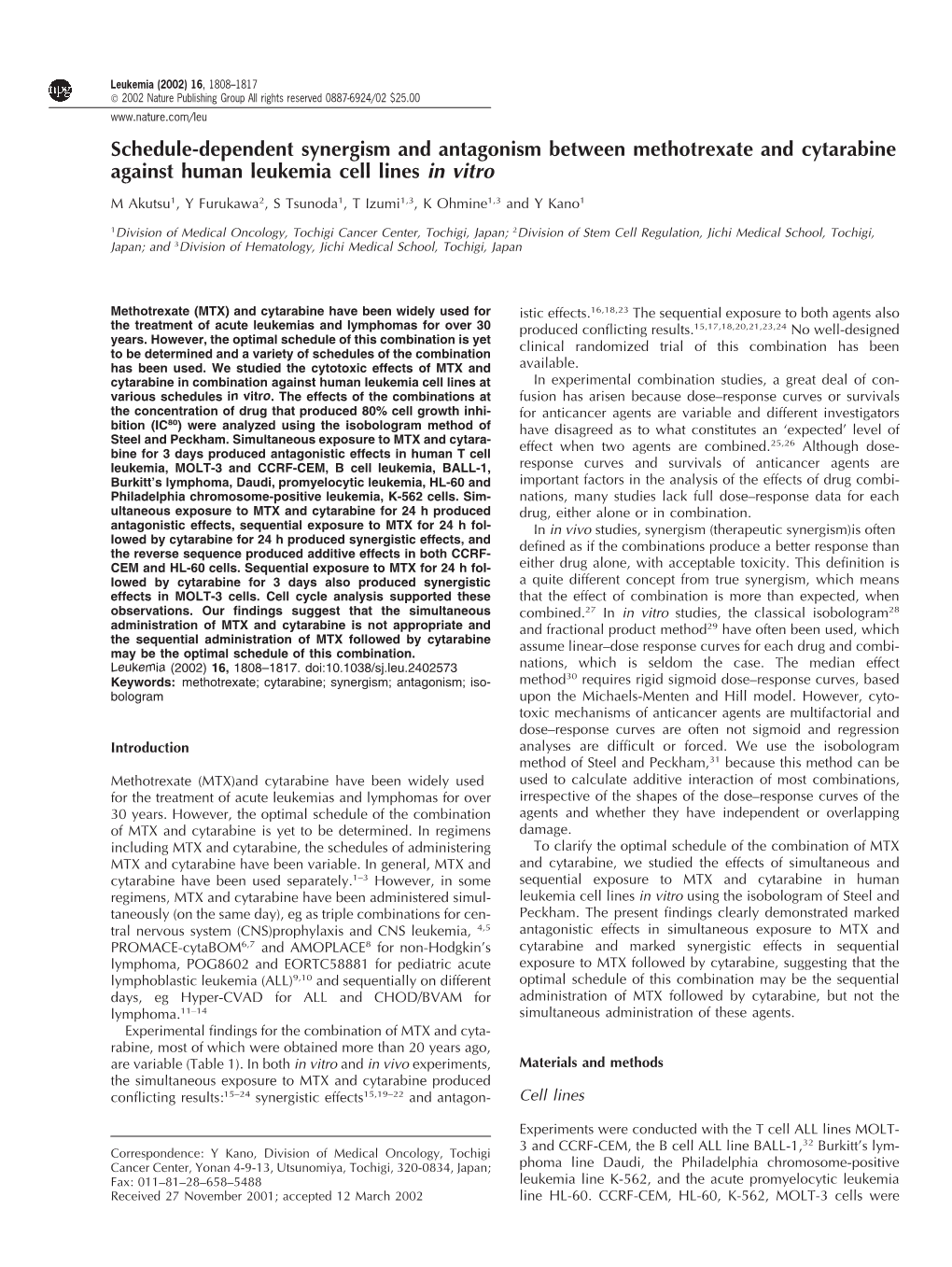 Schedule-Dependent Synergism and Antagonism Between Methotrexate