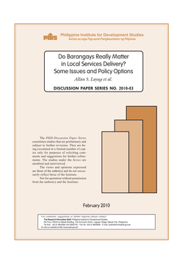 Do Barangays Really Matter in Local Services Delivery? Some Issues and Policy Options Allan S