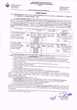 Public Notice Sub.: Public Hearing for Minor Mineral (River Bed Mineral) Blocks Scheduled on 08.09.2021 for I) Block-14 and Ii) Block-20 of District Shopian (J&K)