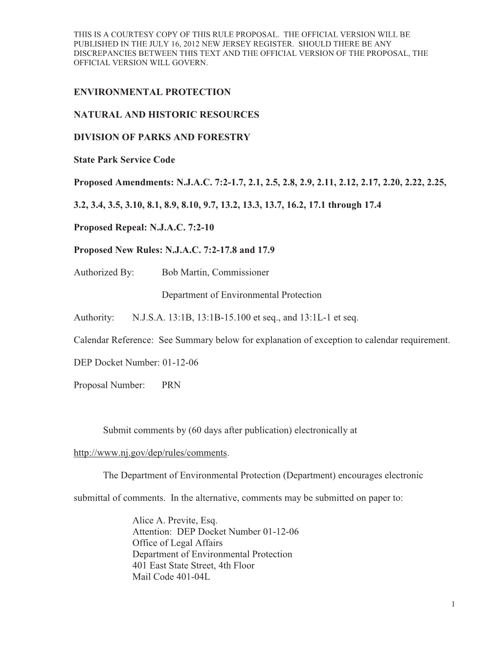 NJDEP-State Park Service Code-Rule Proposal, Published 7/16/2012