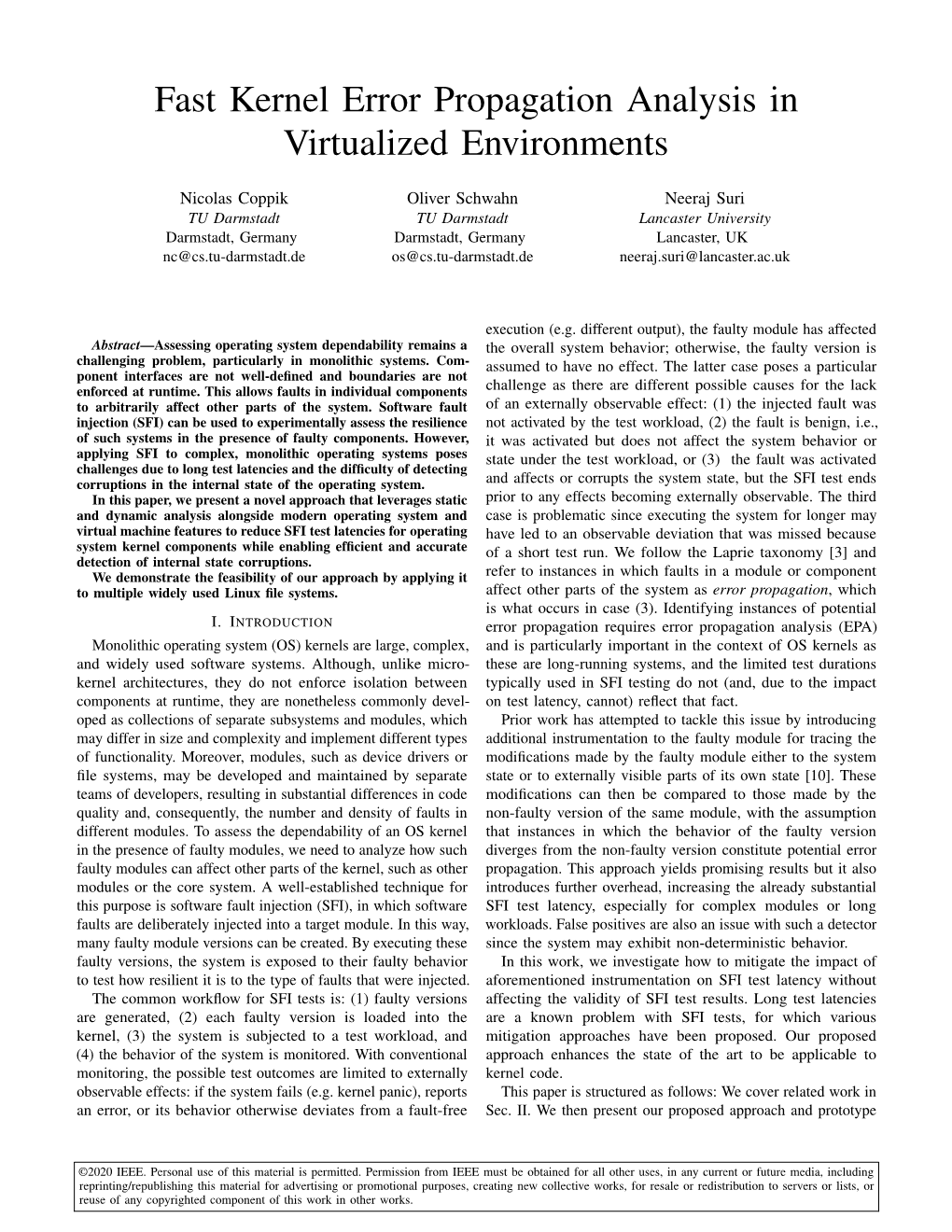 Fast Kernel Error Propagation Analysis in Virtualized Environments