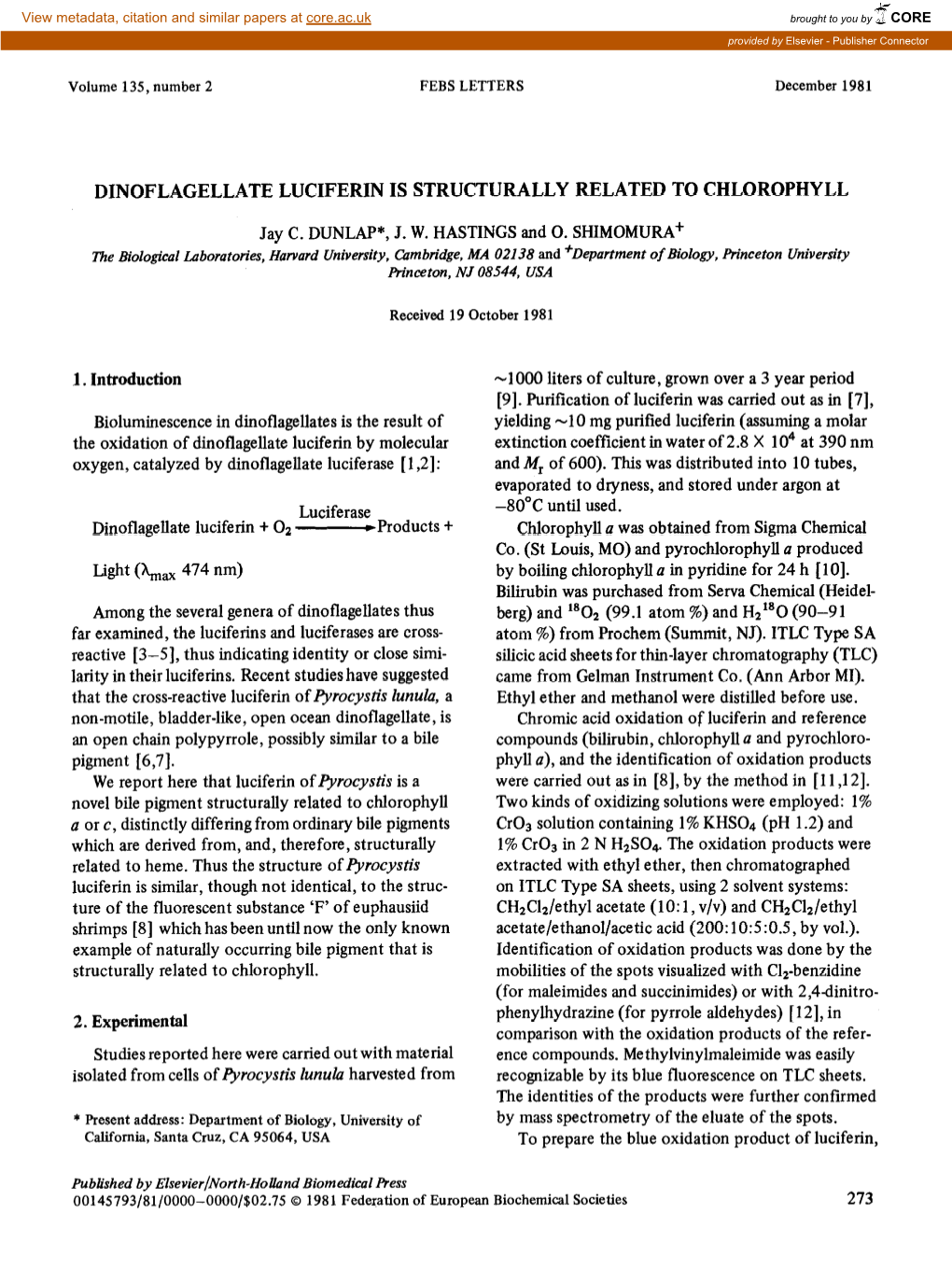 Dinoflagellate Luciferin Is Structurally Related to Chlorophyll