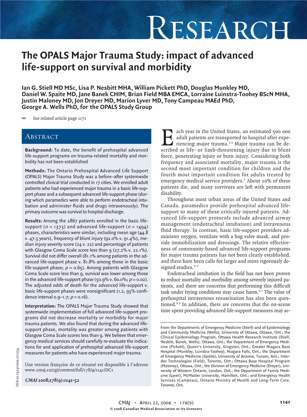 The OPALS Major Trauma Study: Impact of Advanced Life-Support on Survival and Morbidity