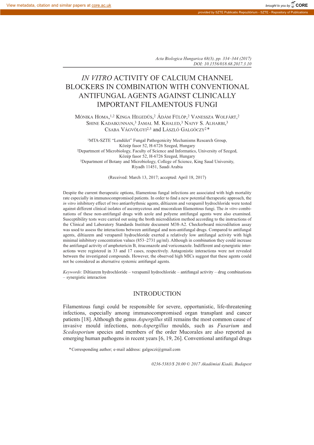 In Vitro Activity of Calcium Channel Blockers in Combination with Conventional Antifungal Agents Against Clinically Important Filamentous Fungi