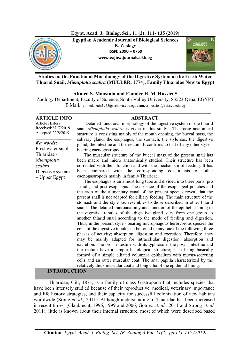 Egypt. Acad. J. Biolog. Sci. (B. Zoology) Vol. 11(2), Pp 111-135 (2019) 112 Ahmed S