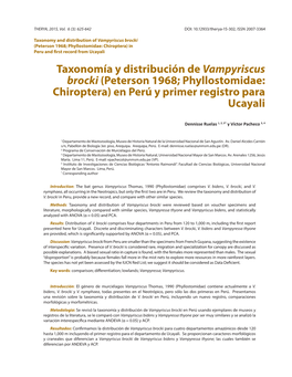 Taxonomía Y Distribución De Vampyriscus Brocki (Peterson 1968; Phyllostomidae: Chiroptera) En Perú Y Primer Registro Para Ucayali
