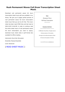 Rush Permanent Waves Full Drum Transcription Sheet Music