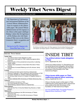 Weekly Tibet News Digest Bureau of His Holiness the Dalai Lama, New Delhi 07 September 2015