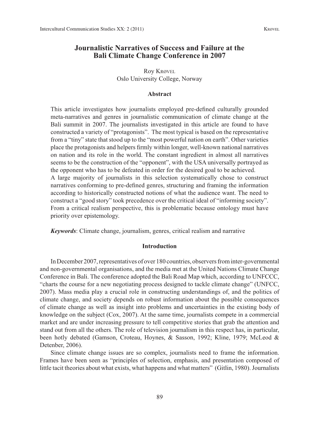 Journalistic Narratives of Success and Failure at the Bali Climate Change Conference in 2007