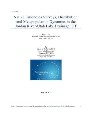Native Unionoida Surveys, Distribution, and Metapopulation Dynamics in the Jordan River-Utah Lake Drainage, UT