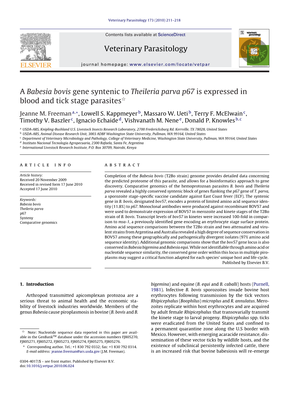 A Babesia Bovis Gene Syntenic to Theileria Parva P67 Is Expressed in Blood and Tick Stage Parasitesଝ