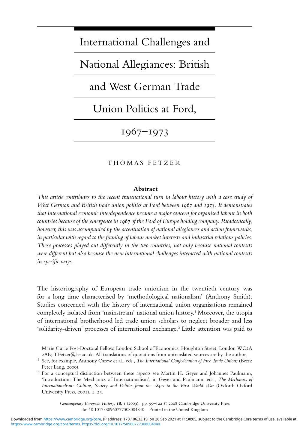 British and West German Trade Union Politics at Ford, 1967–1973
