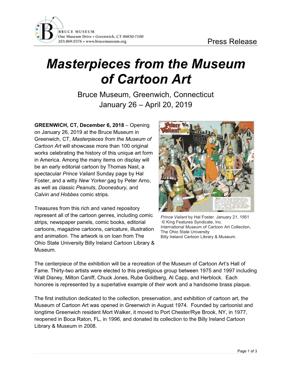 Masterpieces from the Museum of Cartoon Art Bruce Museum, Greenwich, Connecticut January 26 – April 20, 2019