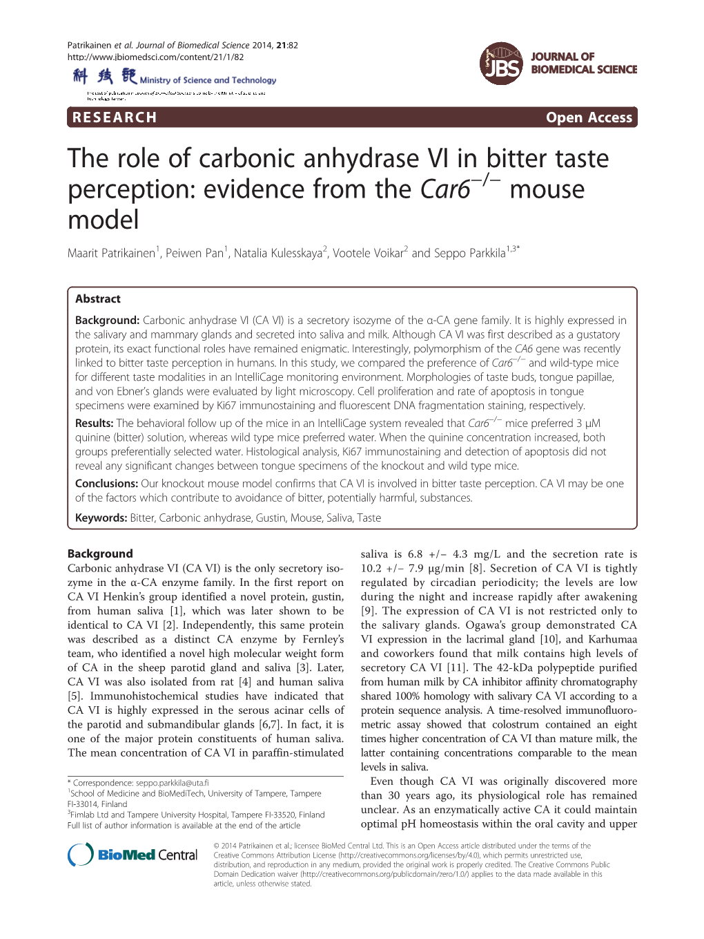 The Role of Carbonic Anhydrase VI in Bitter Taste Perception