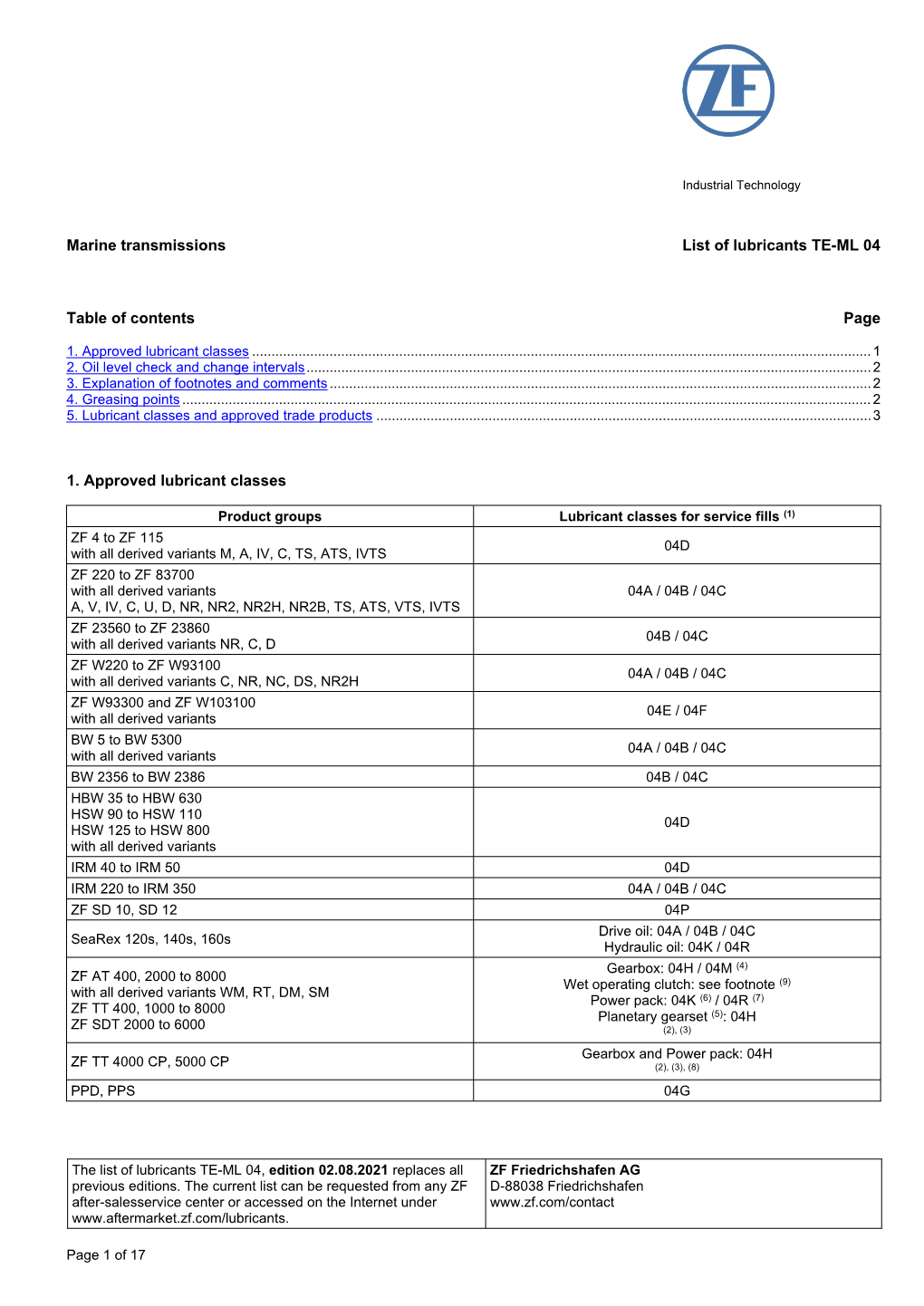 Marine Transmissions List of Lubricants TE-ML 04 Table of Contents Page 1