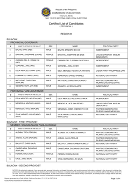 Certified List of Candidates ( PROVINCIAL )