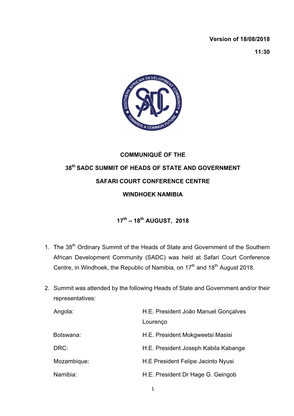 38Th SADC Summit Draft COMMUNIQUE 18 August 2018