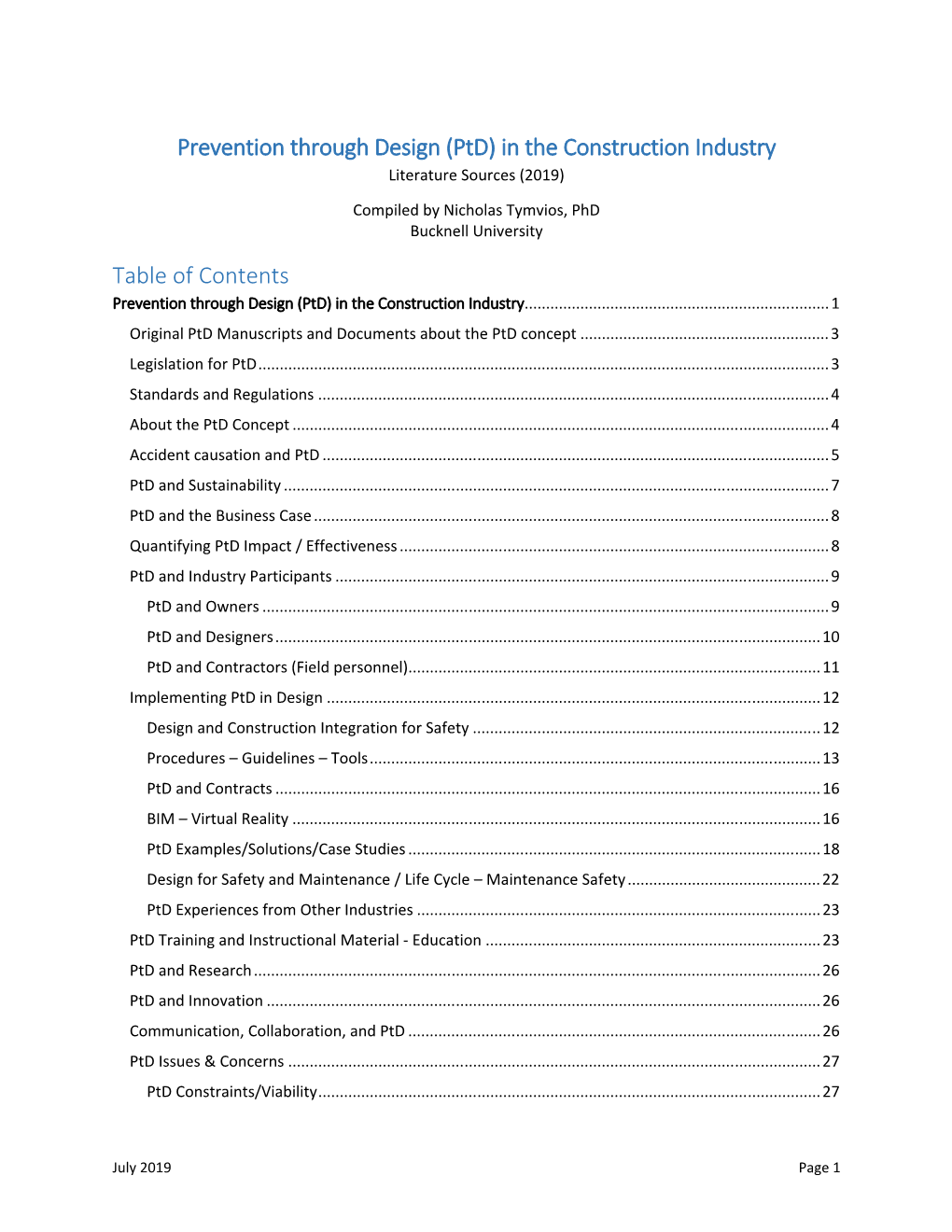 Prevention Through Design (Ptd) in the Construction Industry Table Of