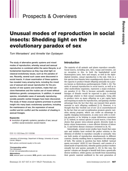 Unusual Modes of Reproduction in Social Insects: Shedding Light on the Evolutionary Paradox of Sex