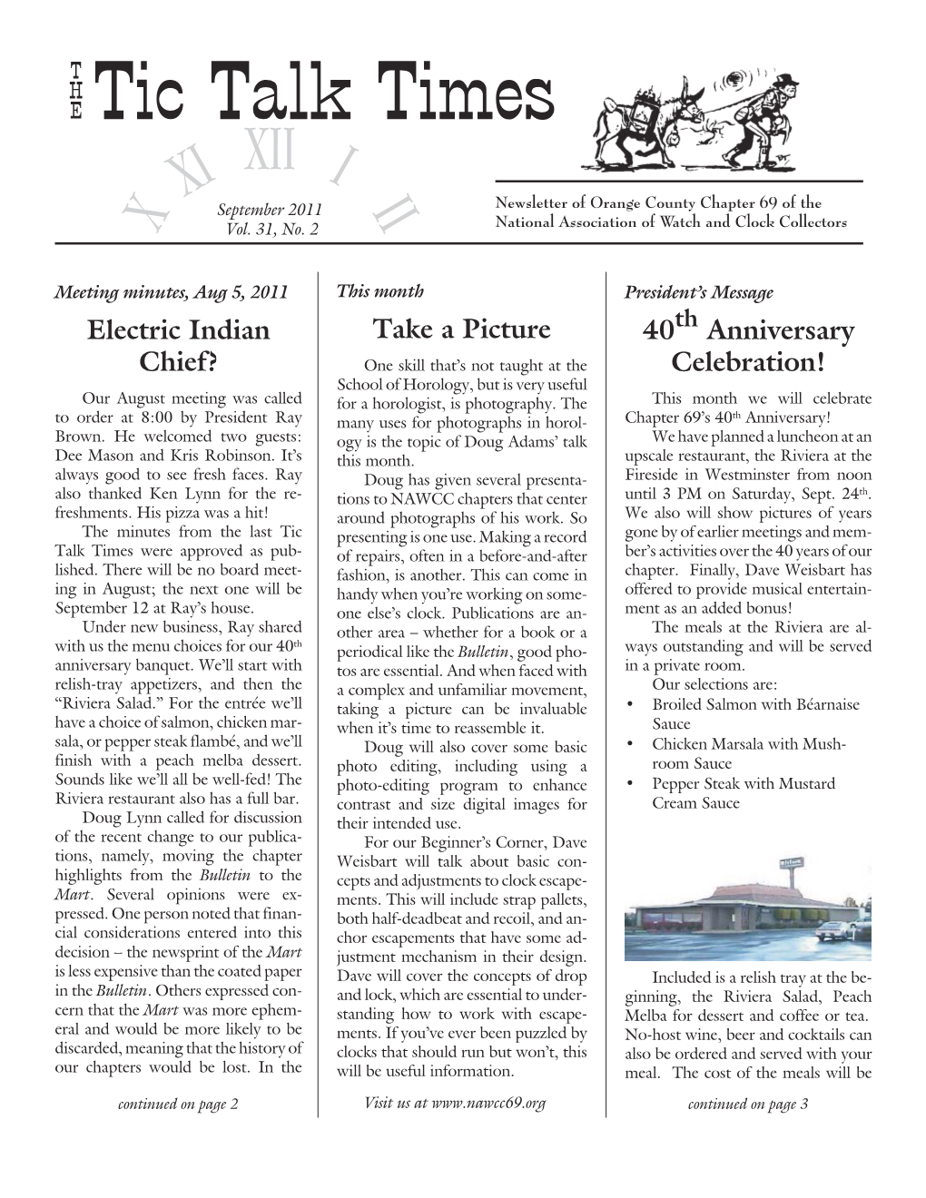 Tic Talk Times XII XI I September 2011 II Newsletter of Orange County Chapter 69 of the X Vol