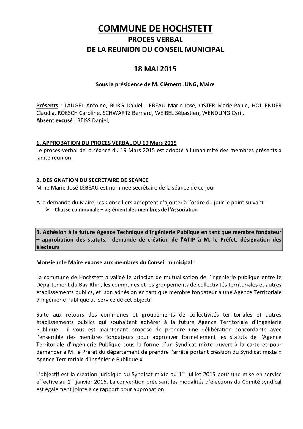 Commune De Hochstett Proces Verbal De La Reunion Du Conseil Municipal