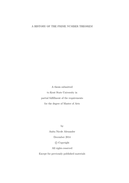 A HISTORY of the PRIME NUMBER THEOREM a Thesis Submitted To