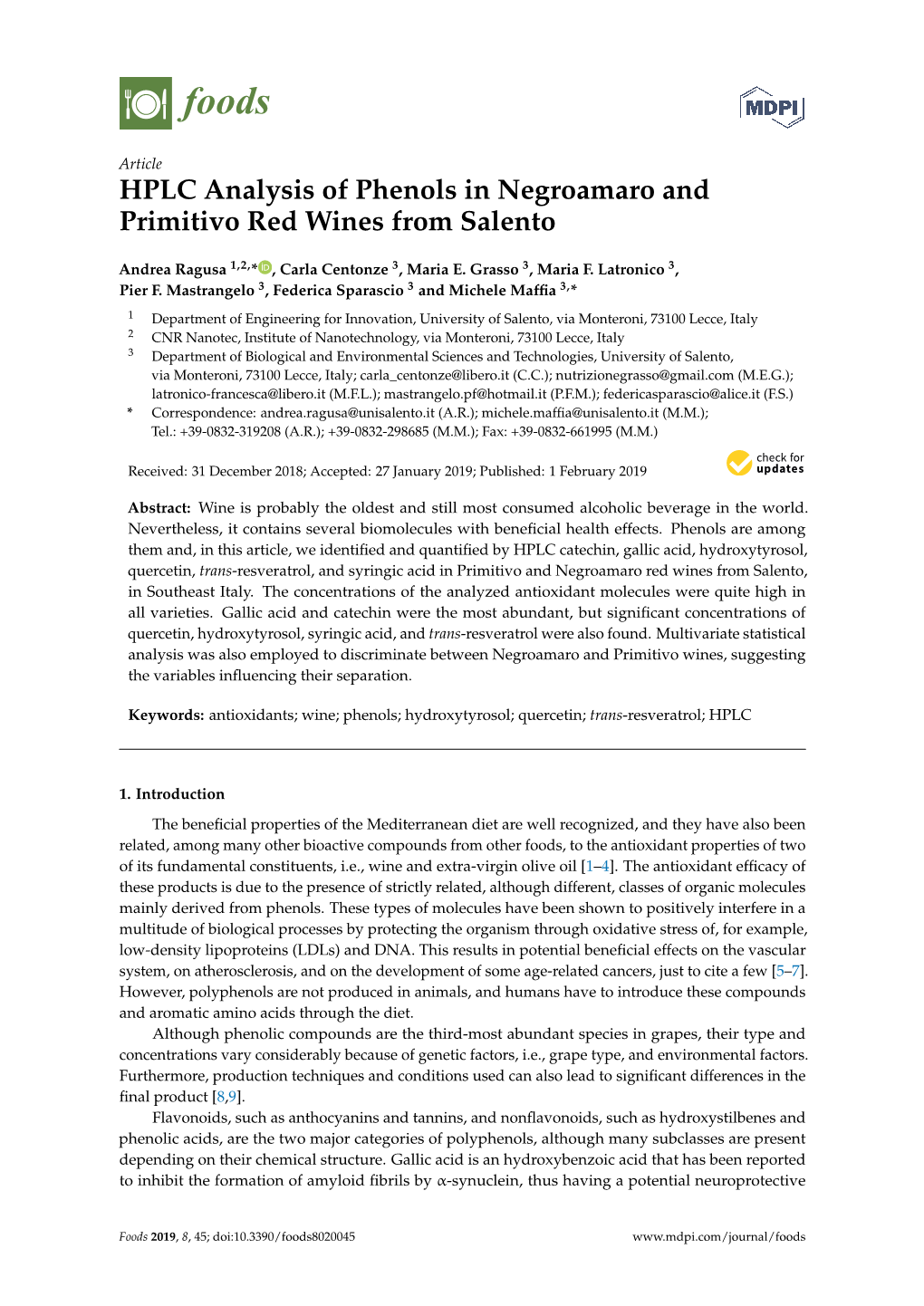HPLC Analysis of Phenols in Negroamaro and Primitivo Red Wines from Salento