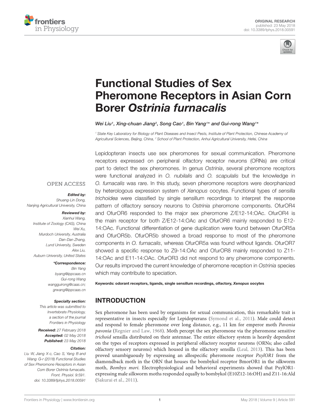 Functional Studies of Sex Pheromone Receptors in Asian Corn Borer Ostrinia Furnacalis