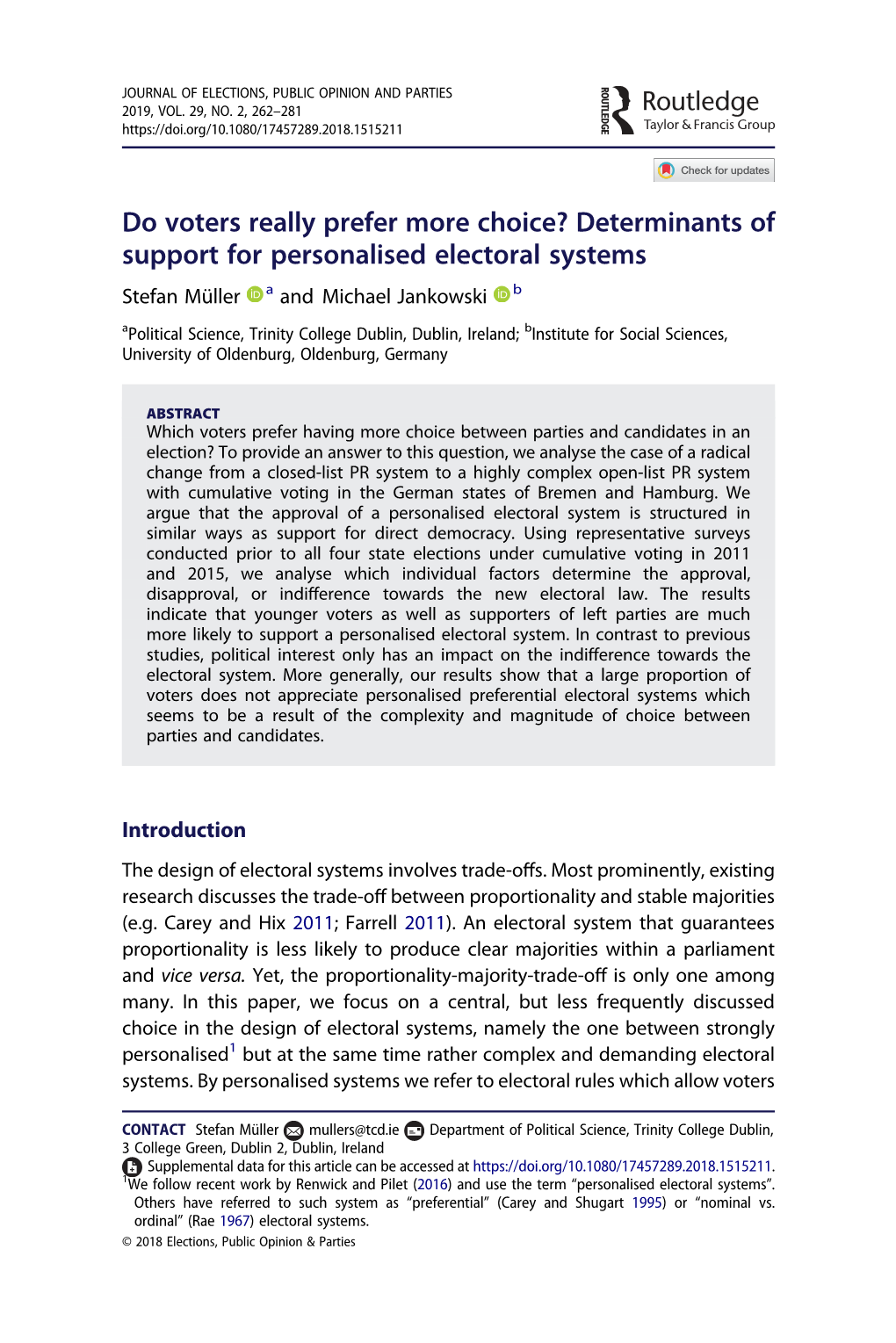 Do Voters Really Prefer More Choice? Determinants of Support For