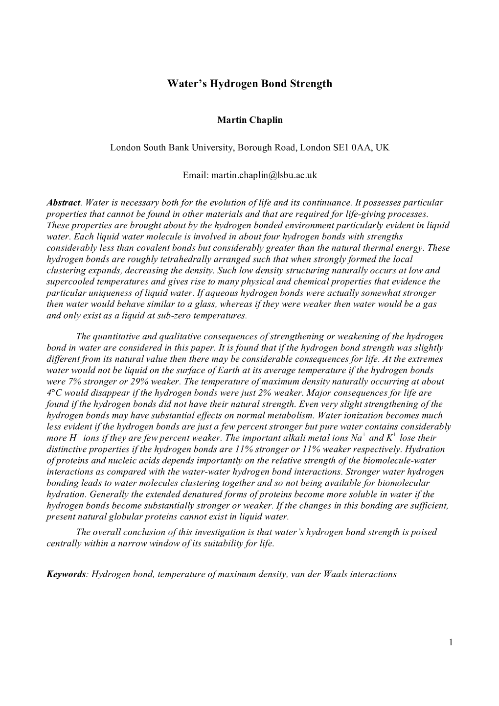 Water's Hydrogen Bond Strength That Is Used in This Paper