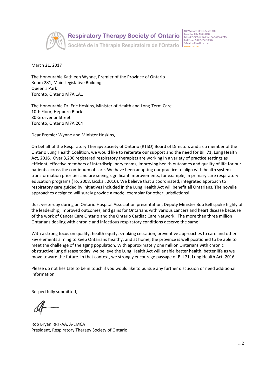 2017-03-21 RTSO Letter to Mpps Re Lung Health Act Draft