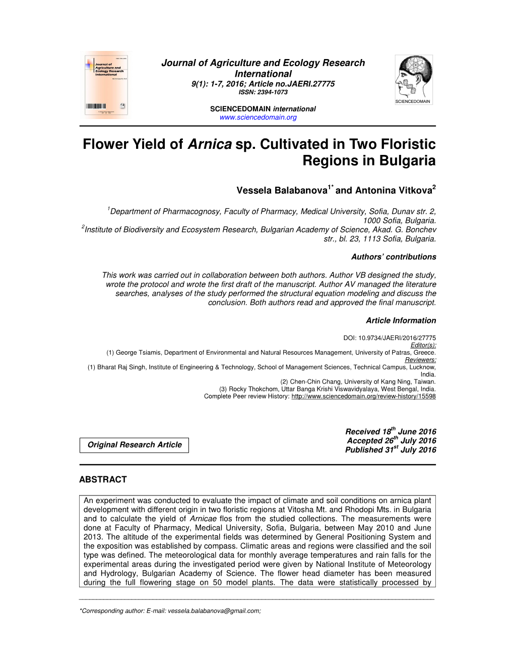 Flower Yield of Arnica Sp. Cultivated in Two Floristic Regions in Bulgaria