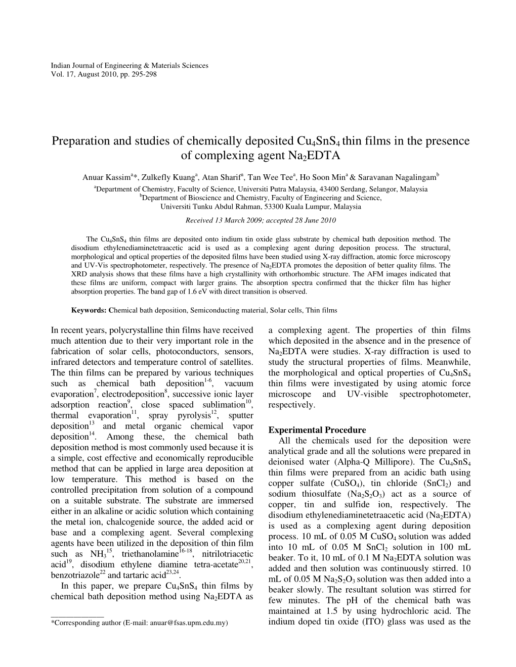Preparation and Studies of Chemically Deposited Cu4sns4 Thin Films in The