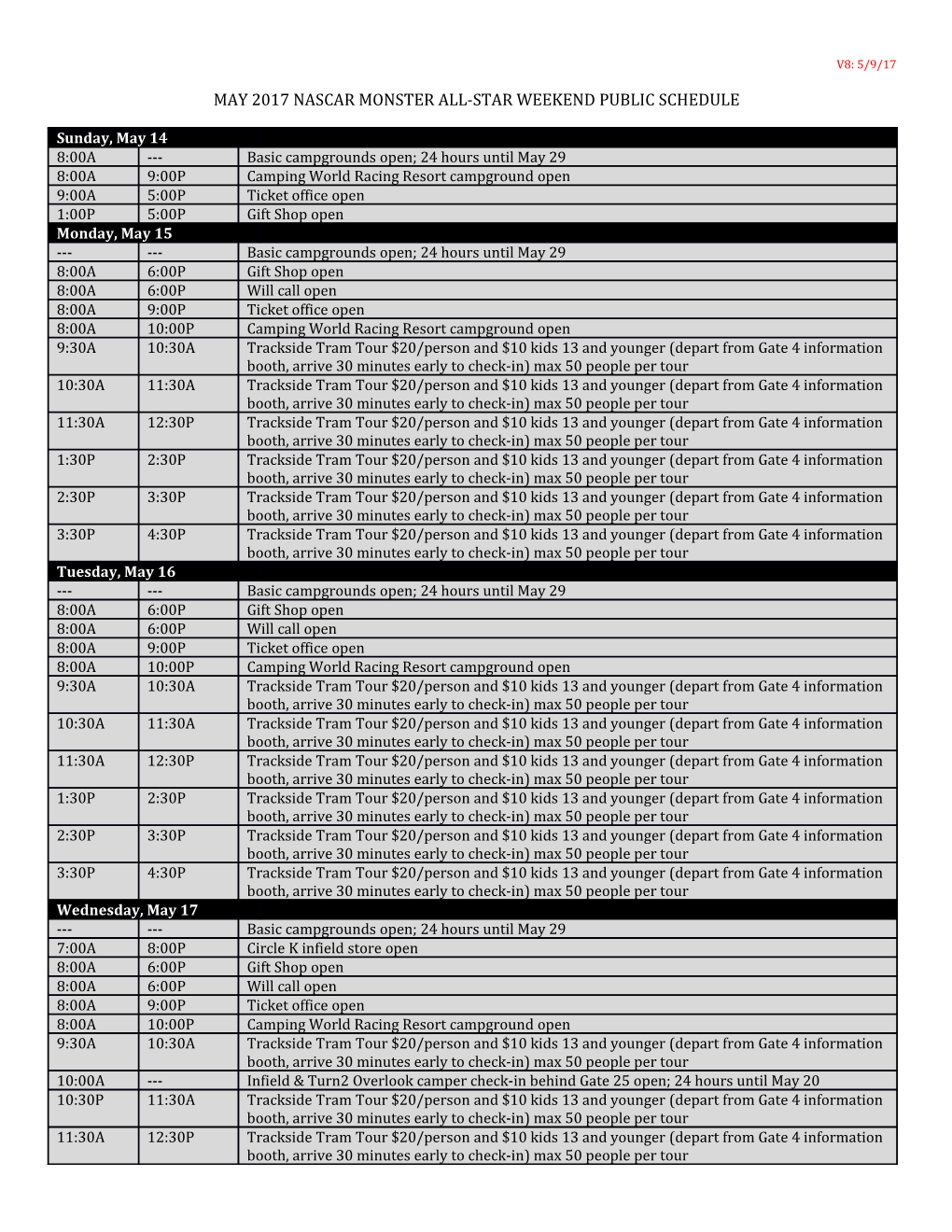 May 2017 Nascar Monster All-Star Weekend Public Schedule
