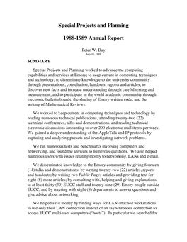 Special Projects and Planning 1988-1989 Annual Report