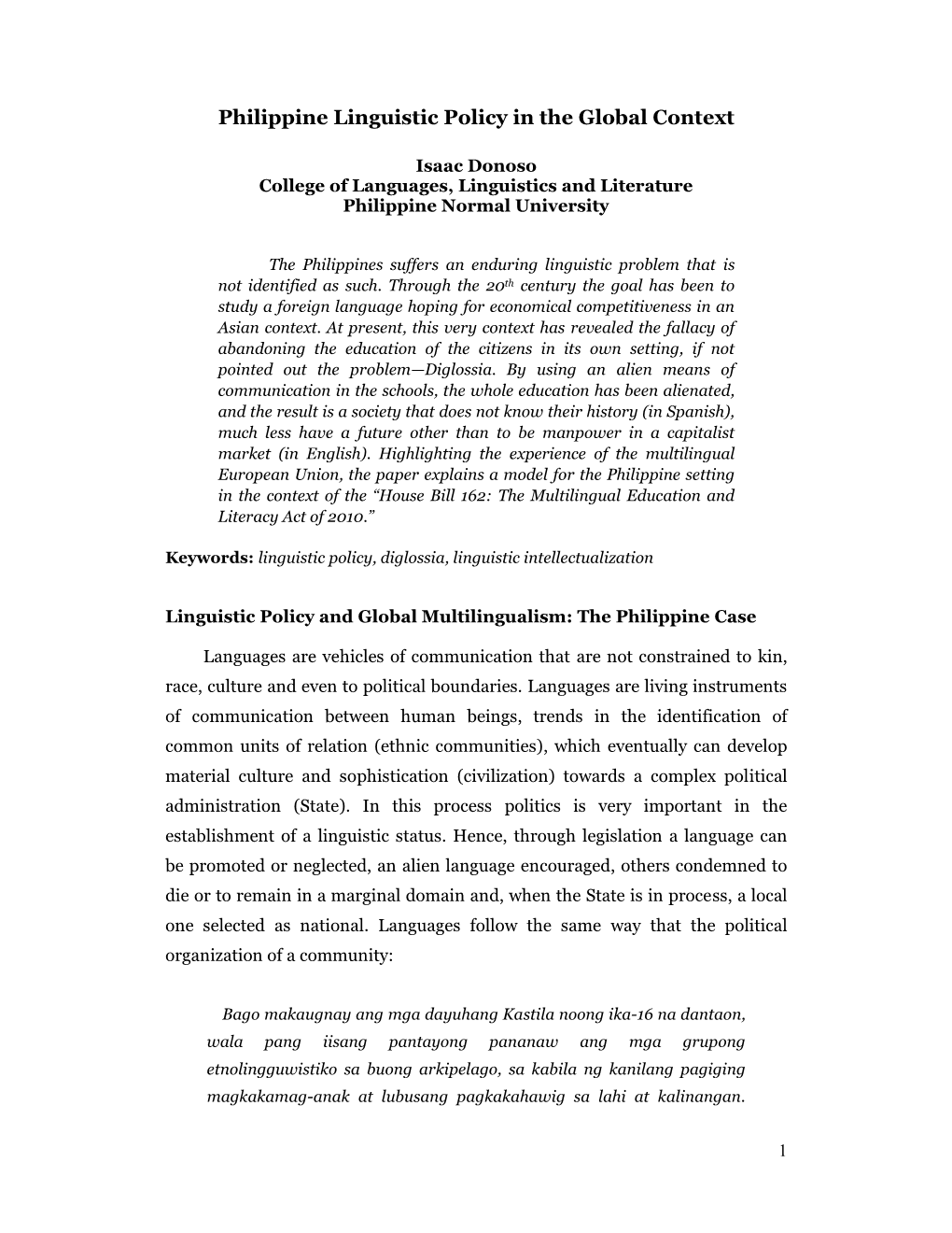 Philippine Linguistic Policy in the Global Context