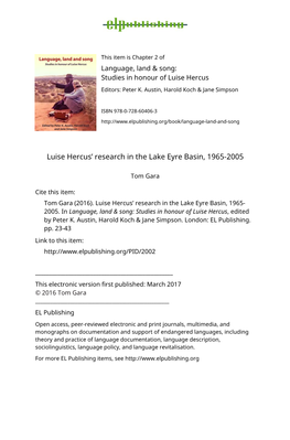 Luise Hercus' Research in the Lake Eyre Basin, 1965-2005