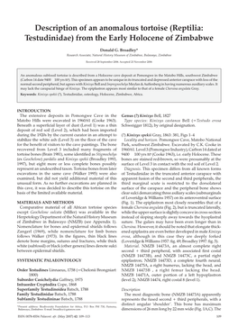 Description of an Anomalous Tortoise (Reptilia: Testudinidae) from the Early Holocene of Zimbabwe