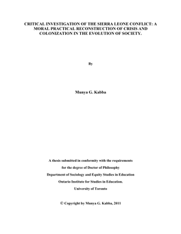 Critical Investigation of the Sierra Leone Conflict: a Moral Practical Reconstruction of Crisis and Colonization in the Evolution of Society