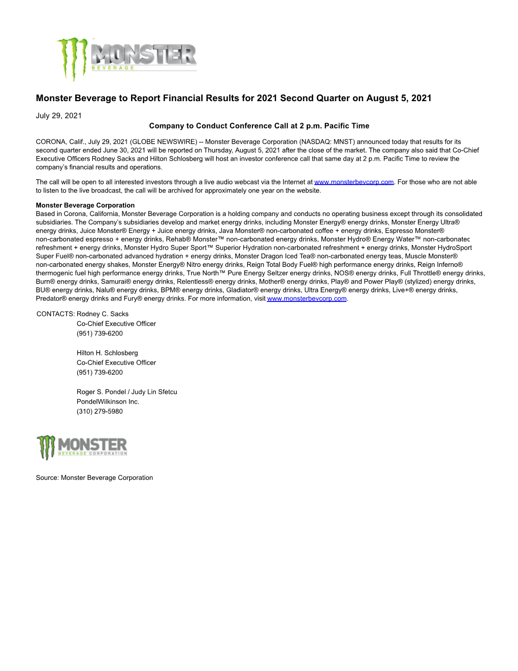 Monster Beverage to Report Financial Results for 2021 Second Quarter on August 5, 2021