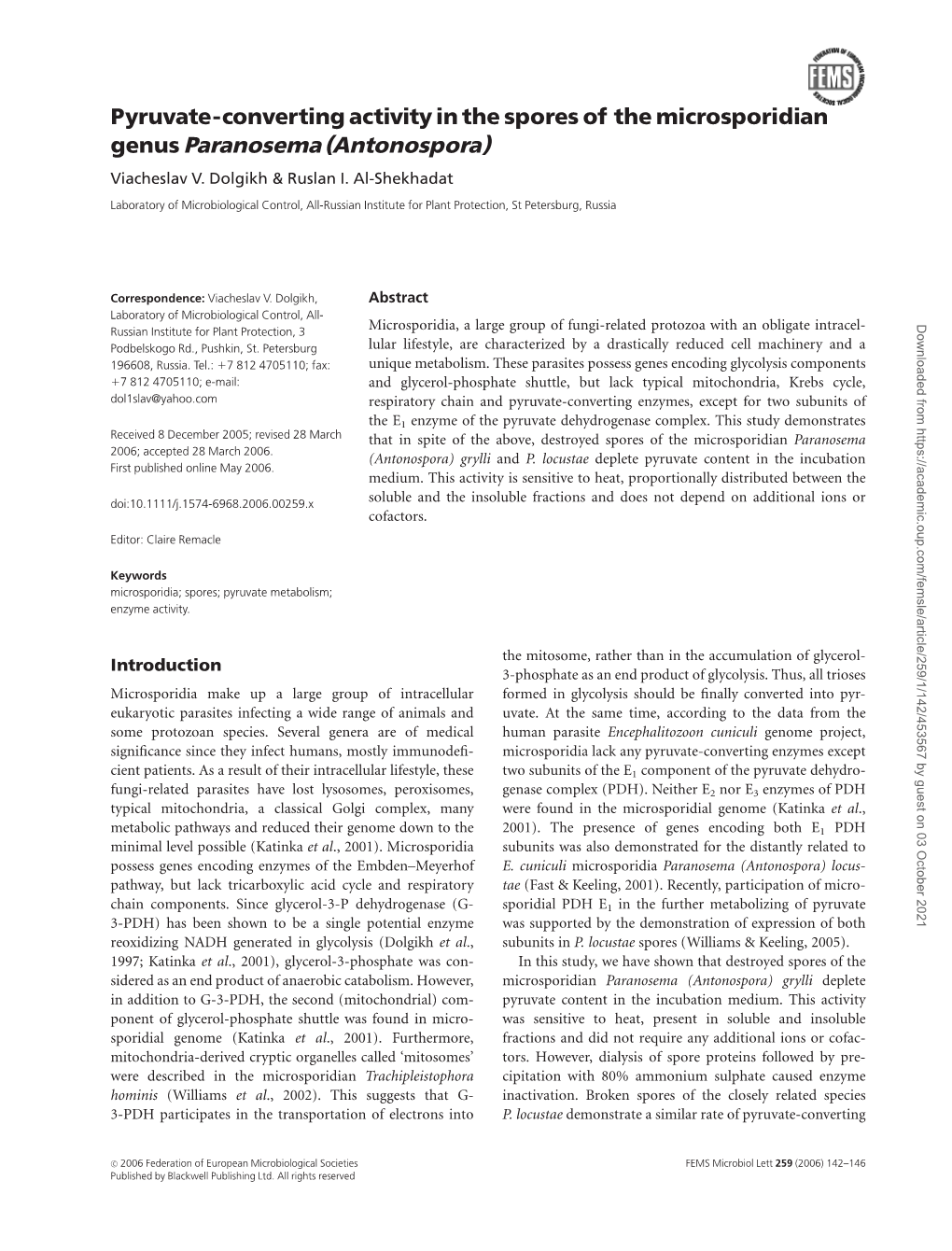 Pyruvate-Converting Activity in the Spores of the Microsporidian Genus Paranosema (Antonospora) Viacheslav V