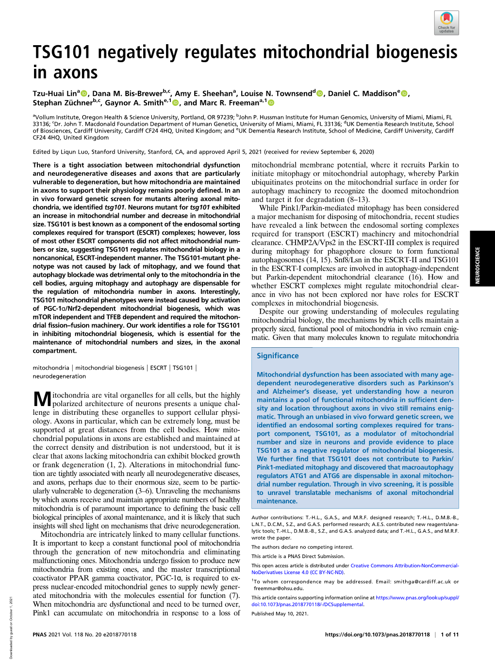 TSG101 Negatively Regulates Mitochondrial Biogenesis in Axons