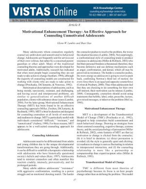 Motivational Enhancement Therapy: an Effective Approach for Counseling Unmotivated Adolescents