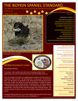 THE BOYKIN SPANIEL STANDARD the Official Newsletter of the Boykin Spaniel Club & Breeders Association of America, Inc