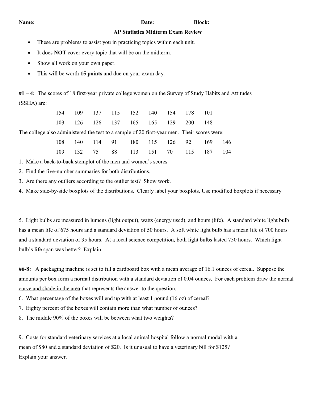 AP Statistics Midterm Review