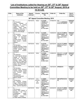 List of Institutions Called for Hearing on 26Th, 27Th & 28Th Appeal