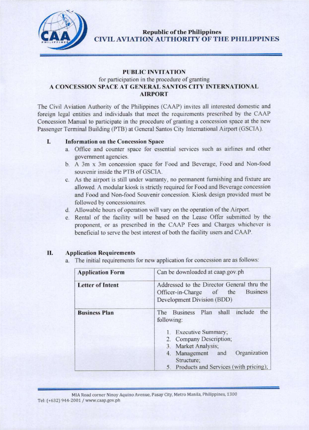 PUBLIC INVITATION for Participation in the Procedure of Granting a CONCESSION SPACE at GENERAL SANTOS CITY INTERNATIONAL AIRPORT