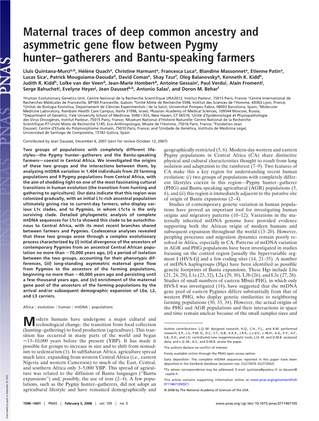 Maternal Traces of Deep Common Ancestry and Asymmetric Gene Flow Between Pygmy Hunter–Gatherers and Bantu-Speaking Farmers